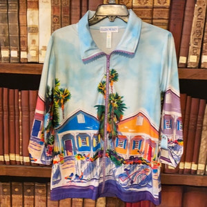 Ellen‎ Negley Art & Sol Lightweight Tropical Design Jacket Rhinestone Zipper